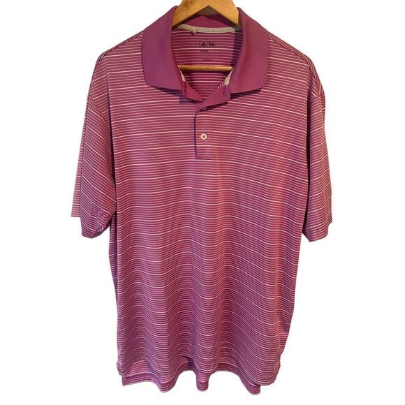Adidas Mens Polo Golf Shirt Large Fuchsia Striped Short Sleeve ClimaLite - Picture 1 of 9